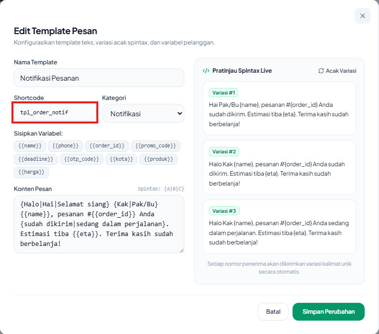 Contoh Pengisian Shortcode Template Pesan di Dashboard Waply